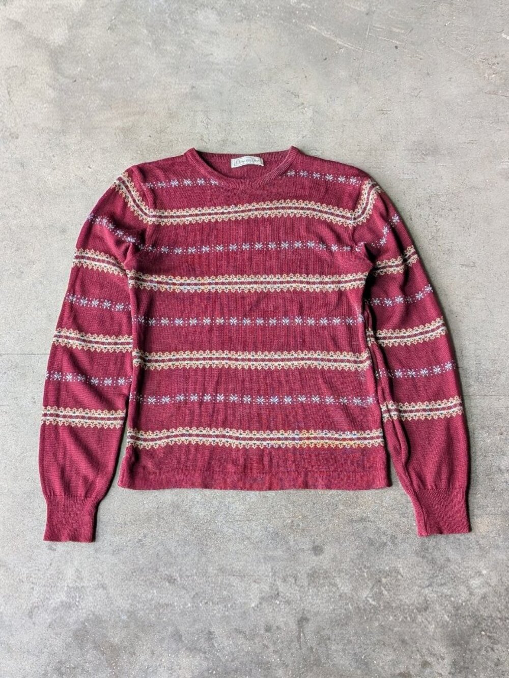 Vintage Christian Dior Maroon Fair Isle Striped Crewneck Pullover Sweater